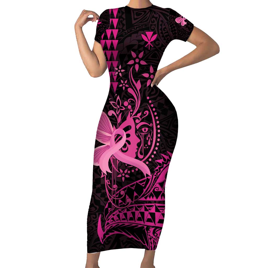 Hawaii Breast Cancer Family Matching Short Sleeve Bodycon Dress and Hawaiian Shirt Girl Floral Kakau Pattern LT01 Mom's Dress Pink - Polynesian Pride