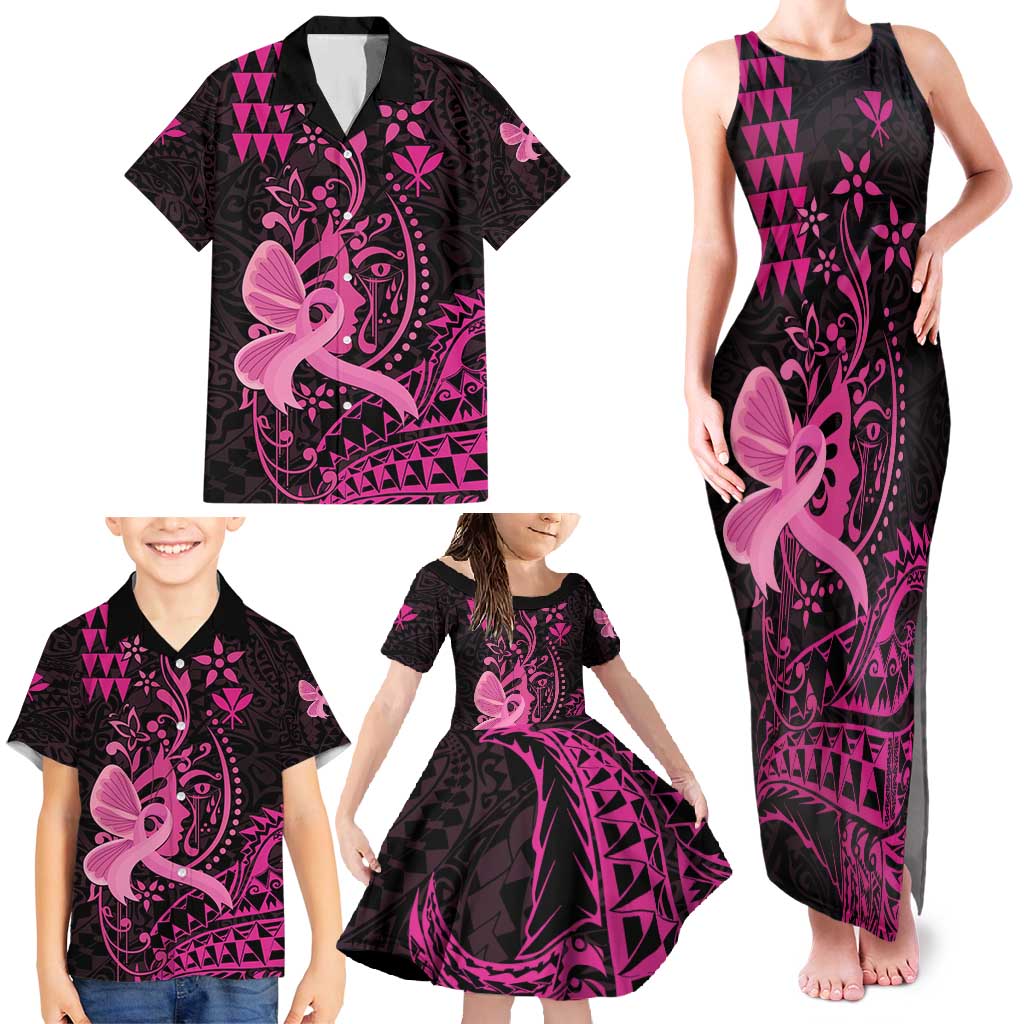 Hawaii Breast Cancer Family Matching Tank Maxi Dress and Hawaiian Shirt Girl Floral Kakau Pattern LT01 - Polynesian Pride