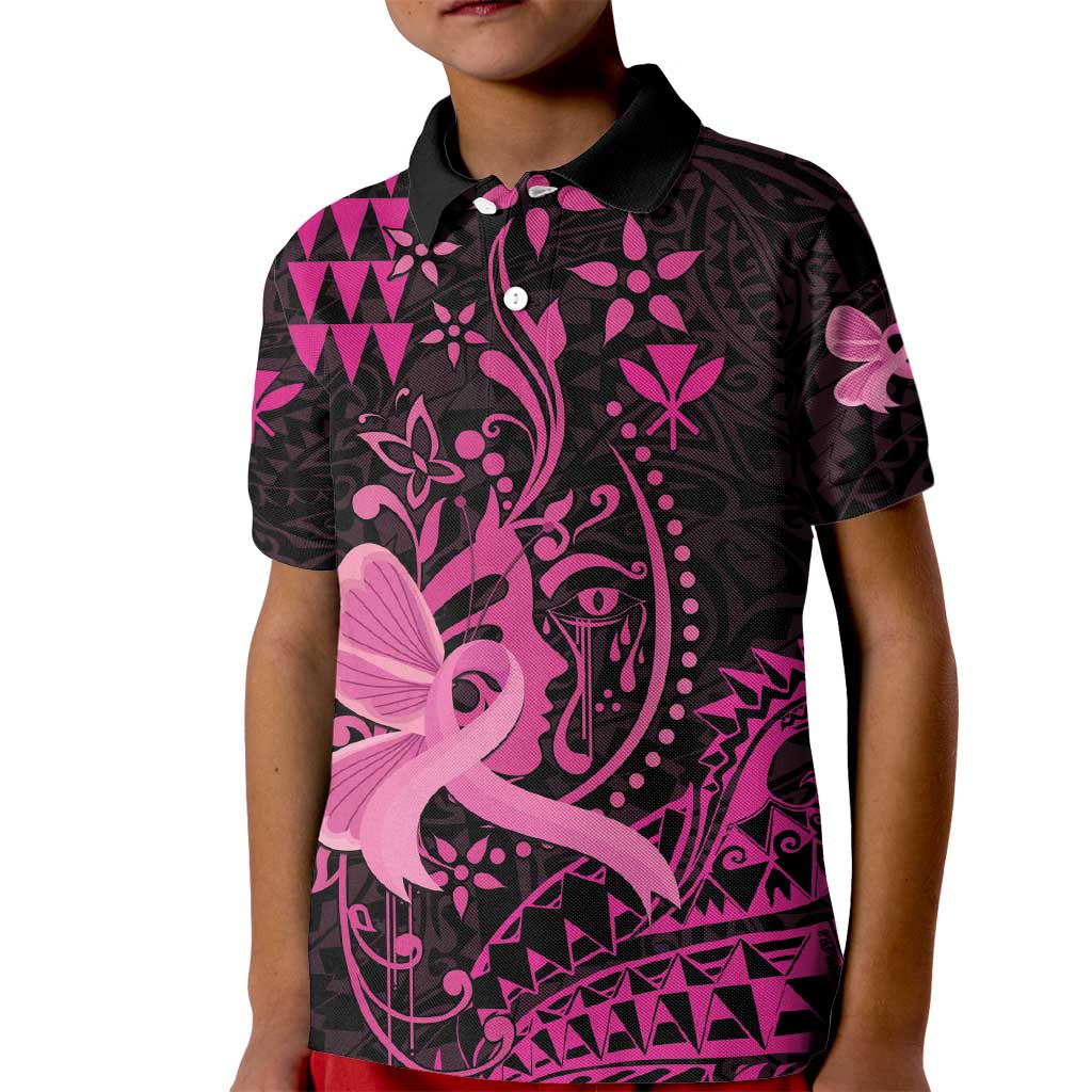 Hawaii Breast Cancer Kid Polo Shirt Girl Floral Kakau Pattern