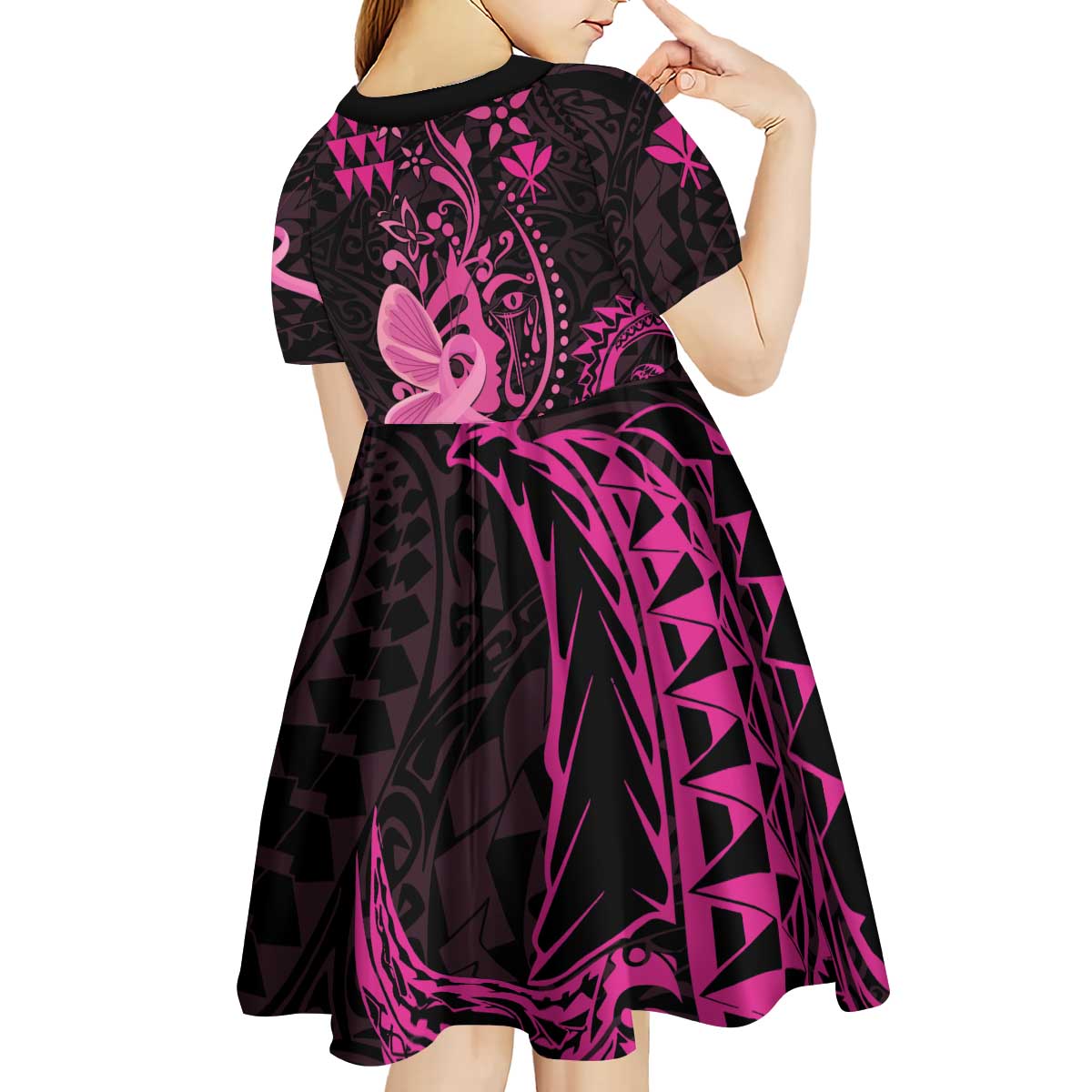 Hawaii Breast Cancer Kid Short Sleeve Dress Girl Floral Kakau Pattern