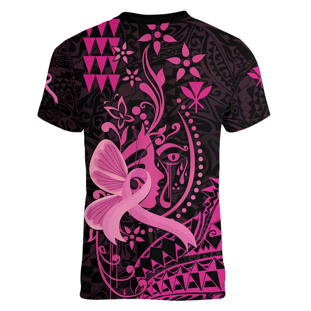 Hawaii Breast Cancer Women V-Neck T-Shirt Girl Floral Kakau Pattern