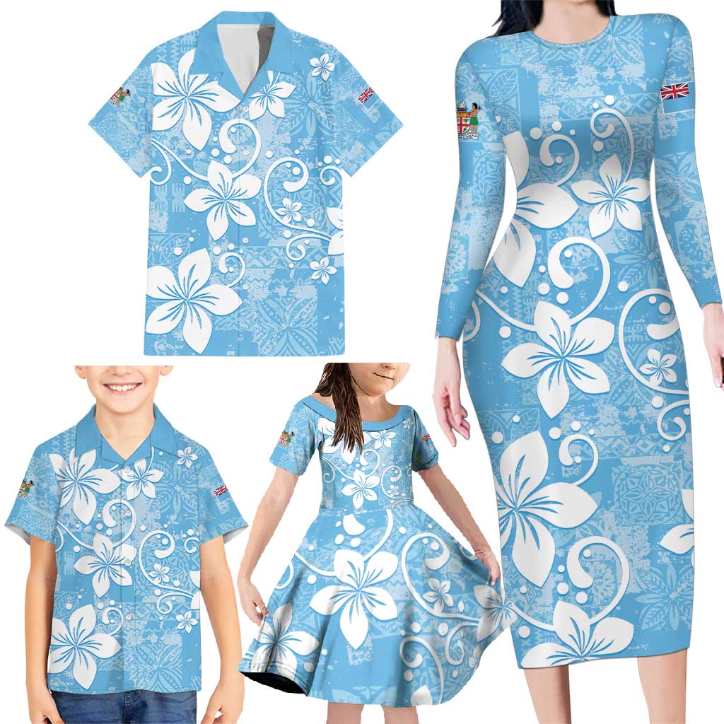 Fiji Tapa Pattern Family Matching Long Sleeve Bodycon Dress and Hawaiian Shirt Plumeria Floral LT01 - Polynesian Pride