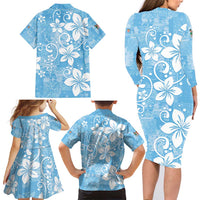 Fiji Tapa Pattern Family Matching Long Sleeve Bodycon Dress and Hawaiian Shirt Plumeria Floral LT01 - Polynesian Pride