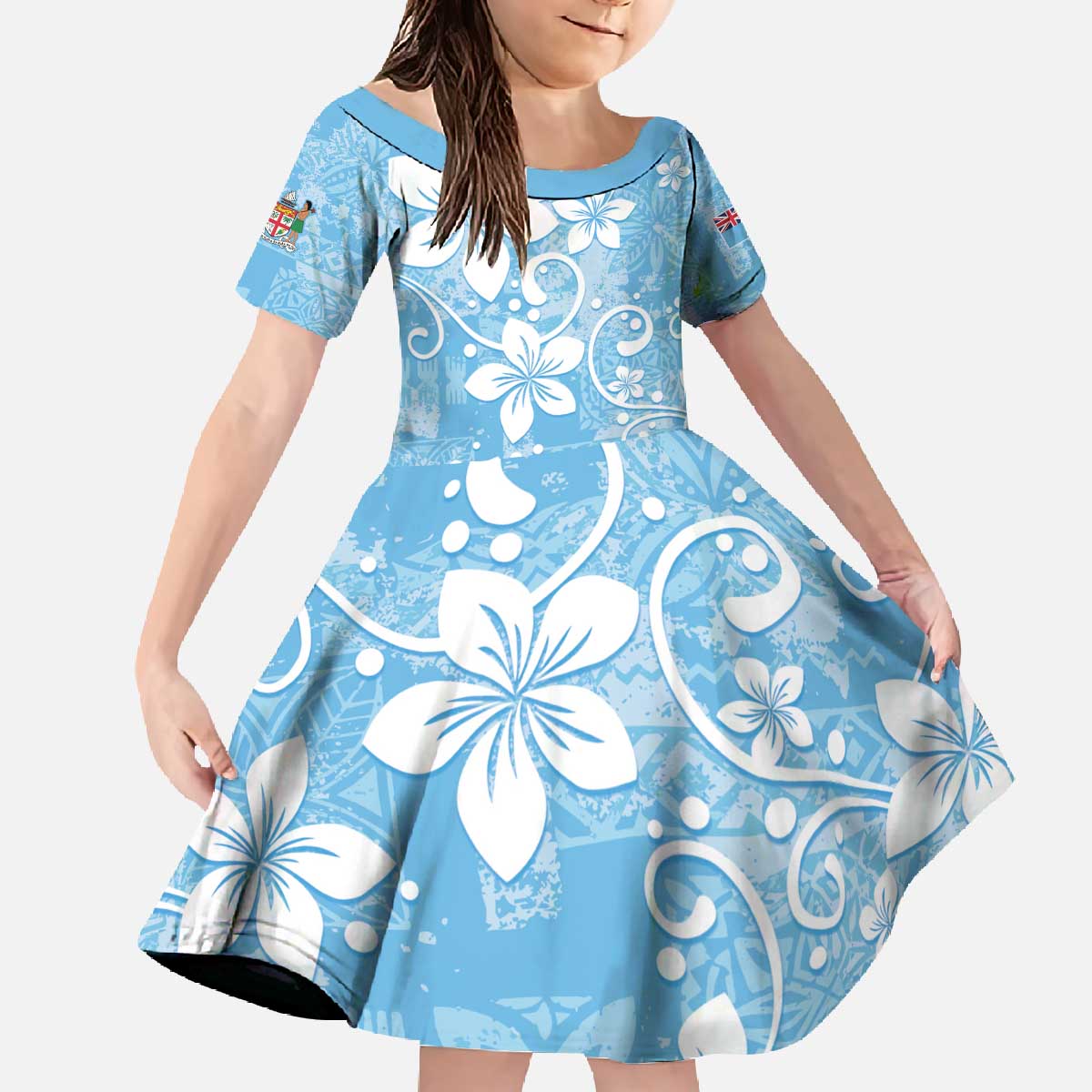 Fiji Tapa Pattern Family Matching Off The Shoulder Long Sleeve Dress and Hawaiian Shirt Plumeria Floral LT01 Daughter's Dress Blue - Polynesian Pride
