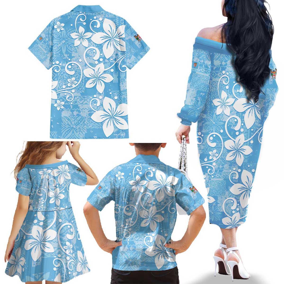 Fiji Tapa Pattern Family Matching Off The Shoulder Long Sleeve Dress and Hawaiian Shirt Plumeria Floral LT01 - Polynesian Pride