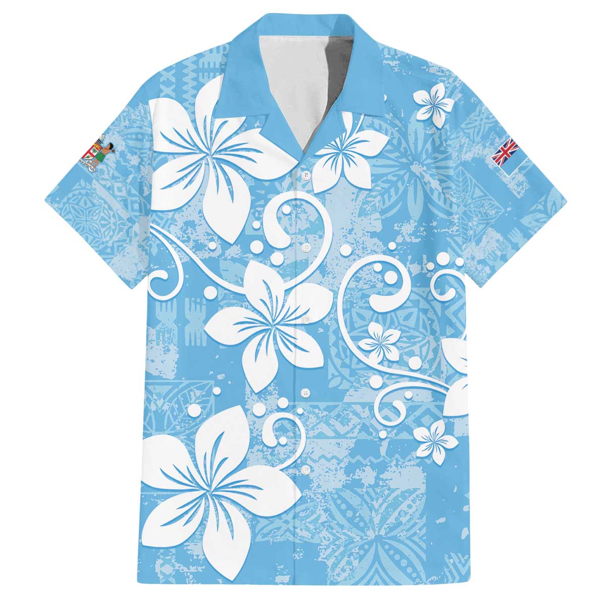 Fiji Tapa Pattern Family Matching Off The Shoulder Long Sleeve Dress and Hawaiian Shirt Plumeria Floral LT01 Dad's Shirt - Short Sleeve Blue - Polynesian Pride