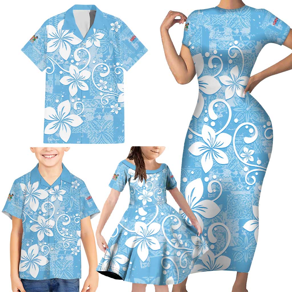 Fiji Tapa Pattern Family Matching Short Sleeve Bodycon Dress and Hawaiian Shirt Plumeria Floral LT01 - Polynesian Pride