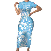 Fiji Tapa Pattern Family Matching Short Sleeve Bodycon Dress and Hawaiian Shirt Plumeria Floral LT01 Mom's Dress Blue - Polynesian Pride