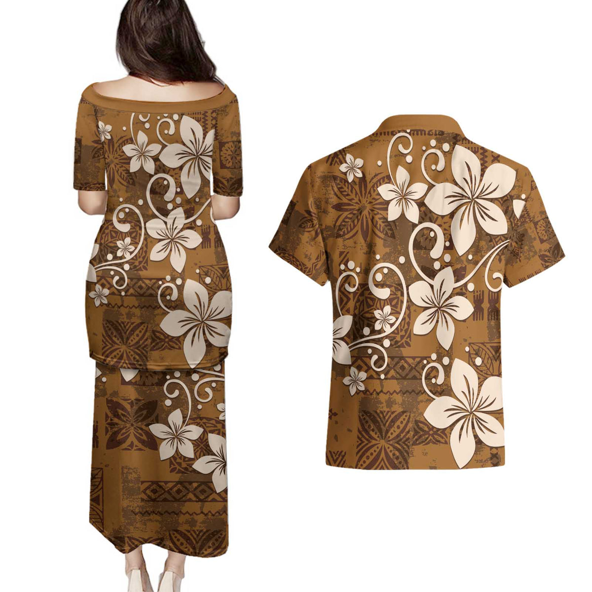 Plumeria Floral Tapa Pattern Vintage Gold Couples Matching Puletasi and Hawaiian Shirt