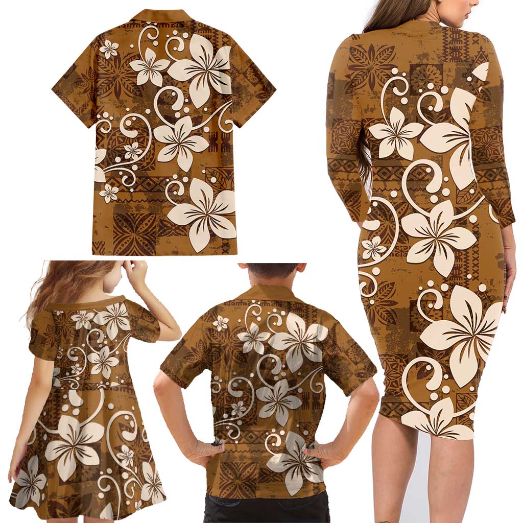 Plumeria Floral Tapa Pattern Vintage Gold Family Matching Long Sleeve Bodycon Dress and Hawaiian Shirt LT01 - Polynesian Pride