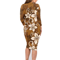 Plumeria Floral Tapa Pattern Vintage Gold Family Matching Long Sleeve Bodycon Dress and Hawaiian Shirt LT01 - Polynesian Pride