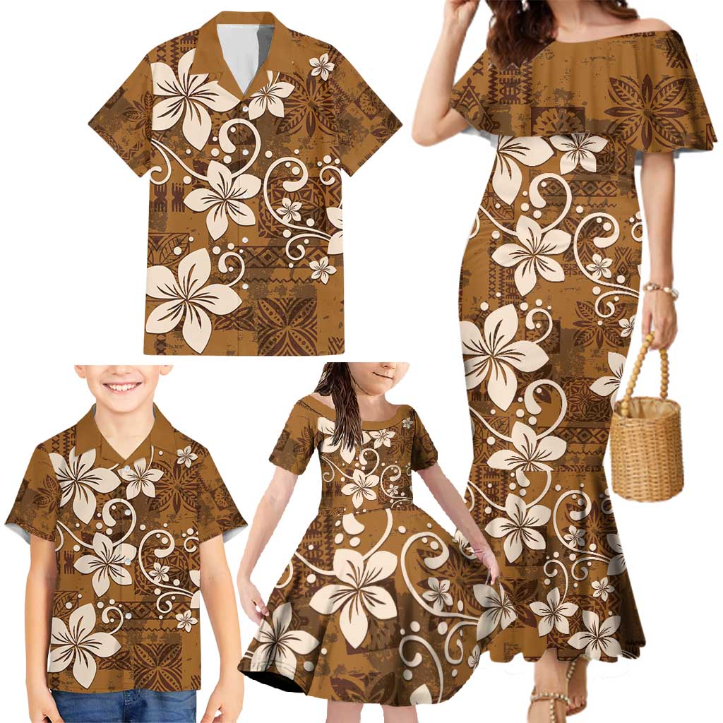 Plumeria Floral Tapa Pattern Vintage Gold Family Matching Mermaid Dress and Hawaiian Shirt LT01 - Polynesian Pride