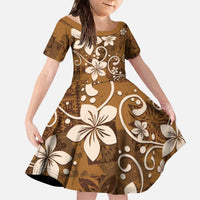 Plumeria Floral Tapa Pattern Vintage Gold Family Matching Off The Shoulder Long Sleeve Dress and Hawaiian Shirt LT01 Daughter's Dress Gold - Polynesian Pride
