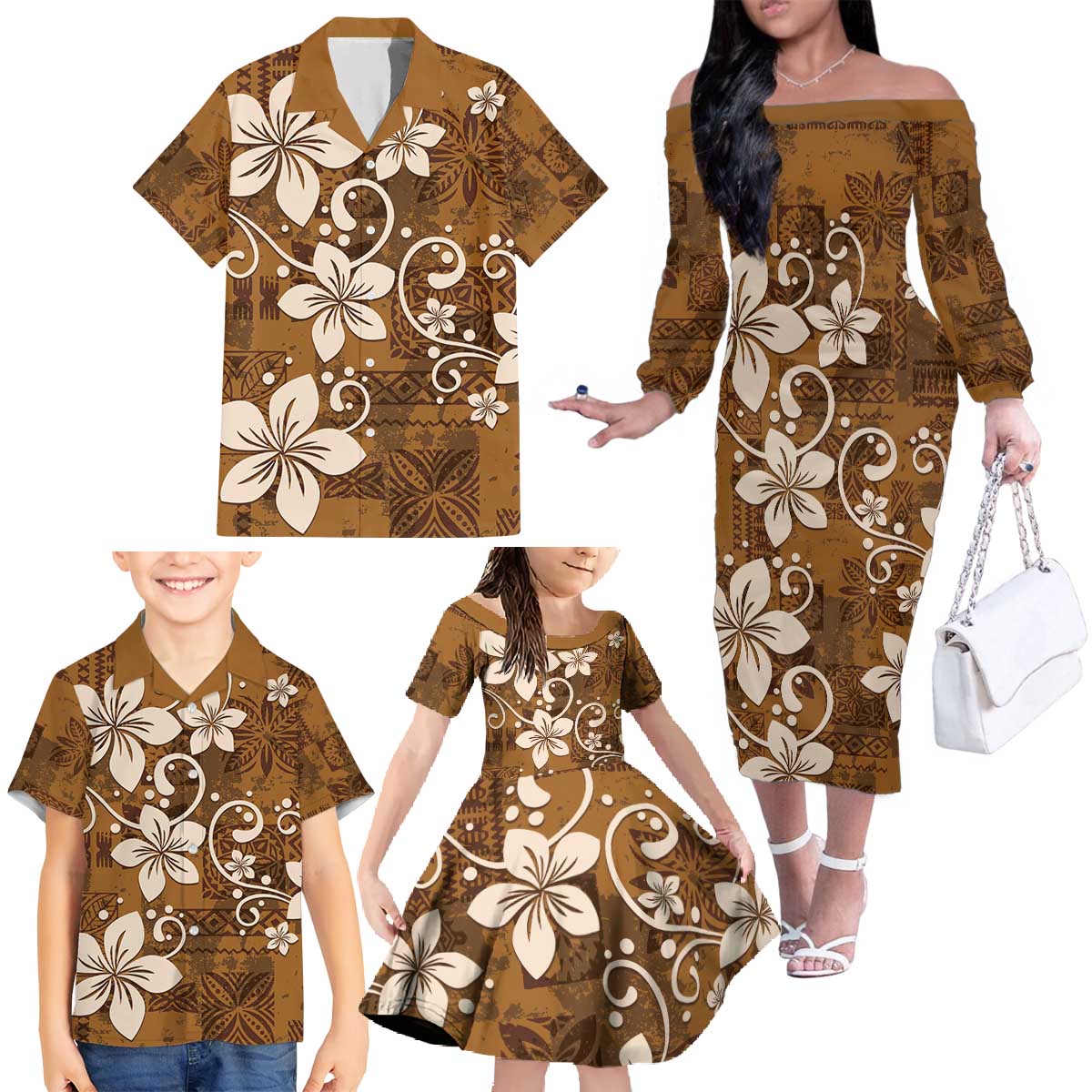 Plumeria Floral Tapa Pattern Vintage Gold Family Matching Off The Shoulder Long Sleeve Dress and Hawaiian Shirt LT01 - Polynesian Pride