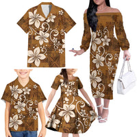 Plumeria Floral Tapa Pattern Vintage Gold Family Matching Off The Shoulder Long Sleeve Dress and Hawaiian Shirt LT01 - Polynesian Pride