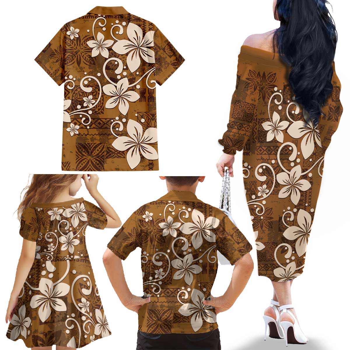 Plumeria Floral Tapa Pattern Vintage Gold Family Matching Off The Shoulder Long Sleeve Dress and Hawaiian Shirt LT01 - Polynesian Pride