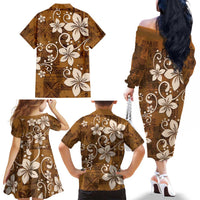 Plumeria Floral Tapa Pattern Vintage Gold Family Matching Off The Shoulder Long Sleeve Dress and Hawaiian Shirt LT01 - Polynesian Pride