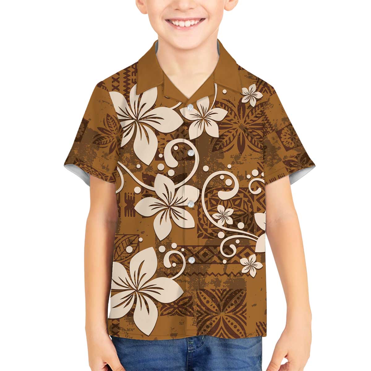 Plumeria Floral Tapa Pattern Vintage Gold Family Matching Off The Shoulder Long Sleeve Dress and Hawaiian Shirt LT01 Son's Shirt Gold - Polynesian Pride