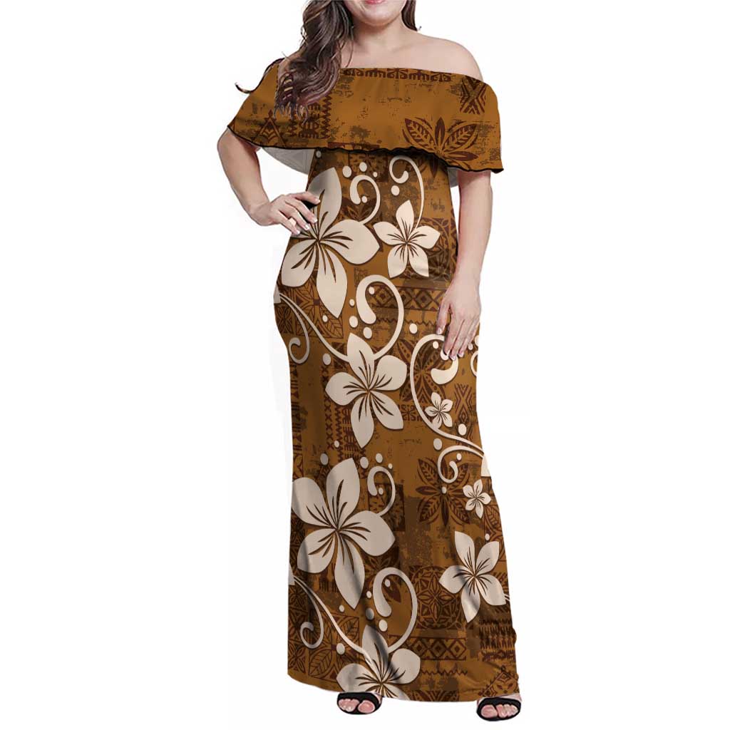 Plumeria Floral Tapa Pattern Vintage Gold Family Matching Off Shoulder Maxi Dress and Hawaiian Shirt LT01 Mom's Dress Gold - Polynesian Pride