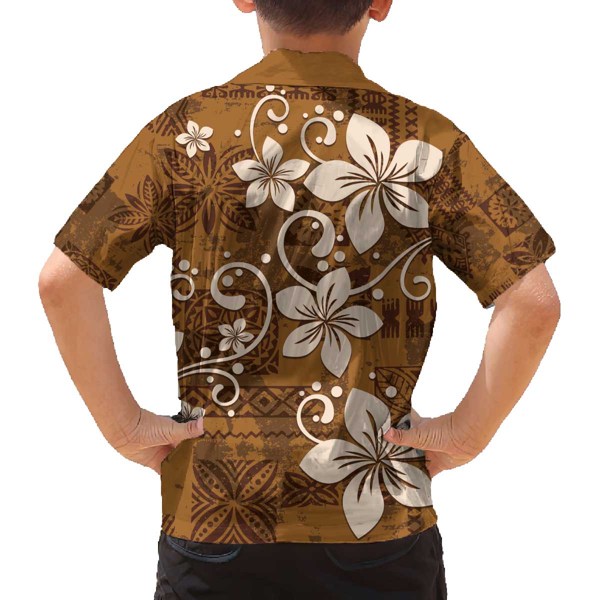 Plumeria Floral Tapa Pattern Vintage Gold Family Matching Off Shoulder Short Dress and Hawaiian Shirt LT01 - Polynesian Pride