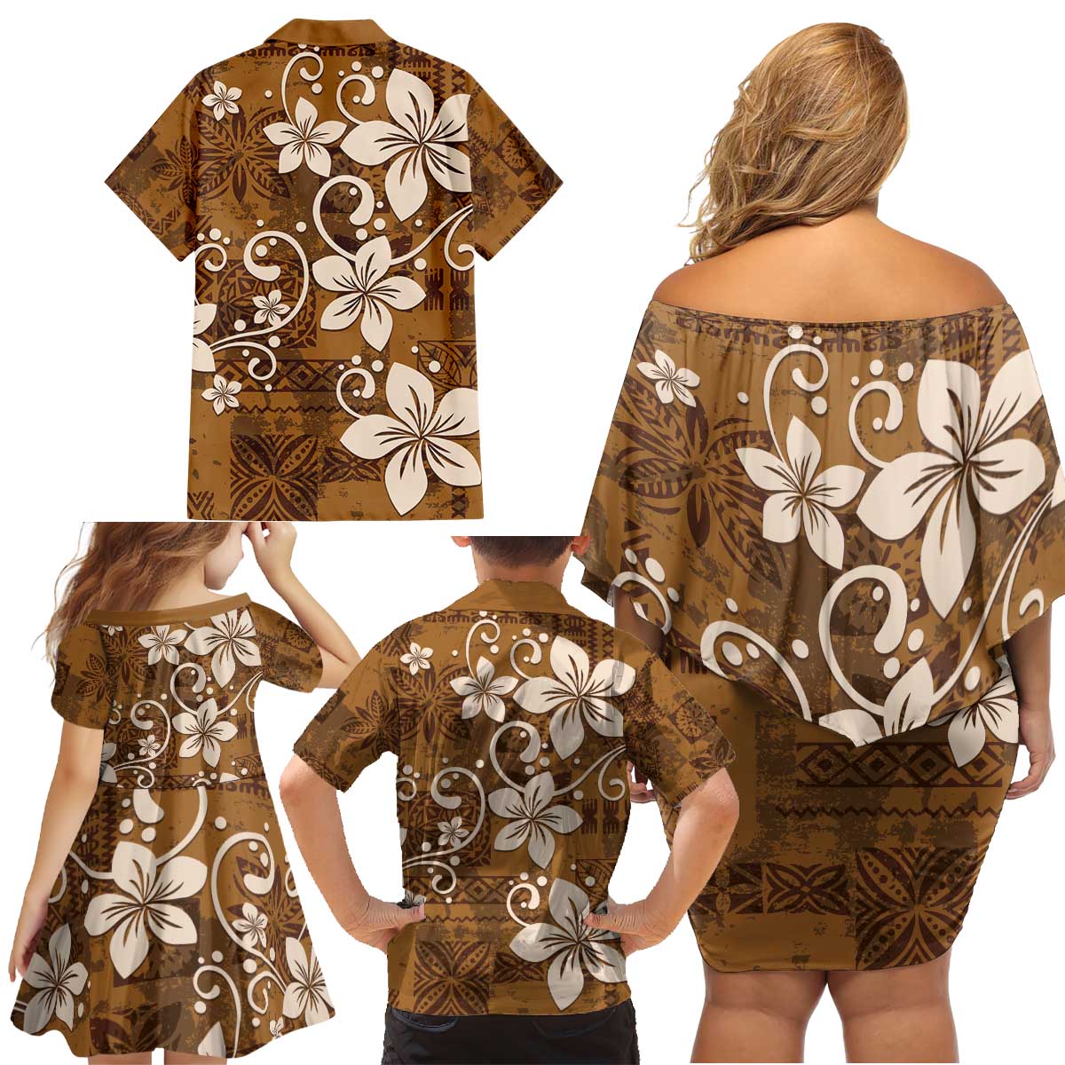 Plumeria Floral Tapa Pattern Vintage Gold Family Matching Off Shoulder Short Dress and Hawaiian Shirt LT01 - Polynesian Pride