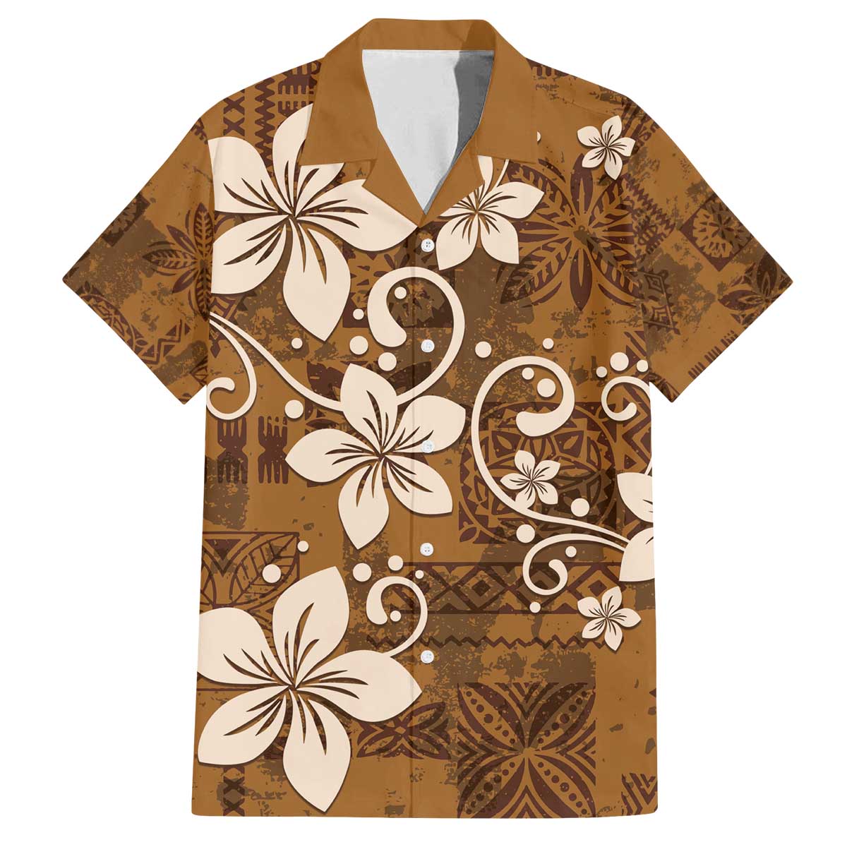 Plumeria Floral Tapa Pattern Vintage Gold Family Matching Off Shoulder Short Dress and Hawaiian Shirt LT01 Dad's Shirt - Short Sleeve Gold - Polynesian Pride