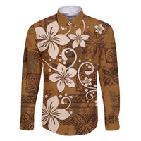 Plumeria Floral Tapa Pattern Vintage Gold Family Matching Off Shoulder Short Dress and Hawaiian Shirt LT01 Dad's Shirt - Long Sleeve Gold - Polynesian Pride