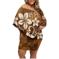 Plumeria Floral Tapa Pattern Vintage Gold Family Matching Off Shoulder Short Dress and Hawaiian Shirt LT01 Mom's Dress Gold - Polynesian Pride