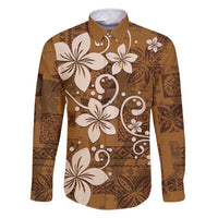 Plumeria Floral Tapa Pattern Vintage Gold Family Matching Short Sleeve Bodycon Dress and Hawaiian Shirt LT01 Dad's Shirt - Long Sleeve Gold - Polynesian Pride