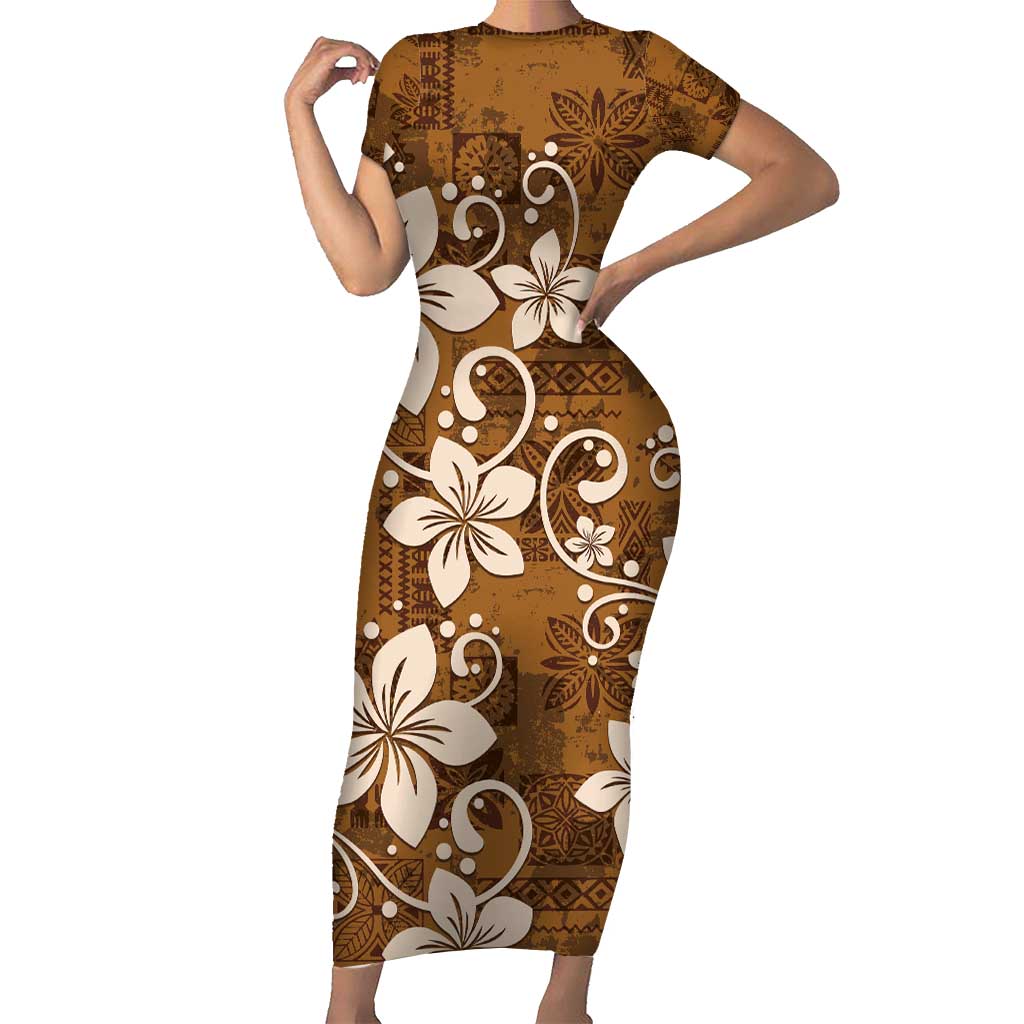 Plumeria Floral Tapa Pattern Vintage Gold Family Matching Short Sleeve Bodycon Dress and Hawaiian Shirt LT01 Mom's Dress Gold - Polynesian Pride