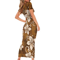 Plumeria Floral Tapa Pattern Vintage Gold Family Matching Short Sleeve Bodycon Dress and Hawaiian Shirt LT01 - Polynesian Pride