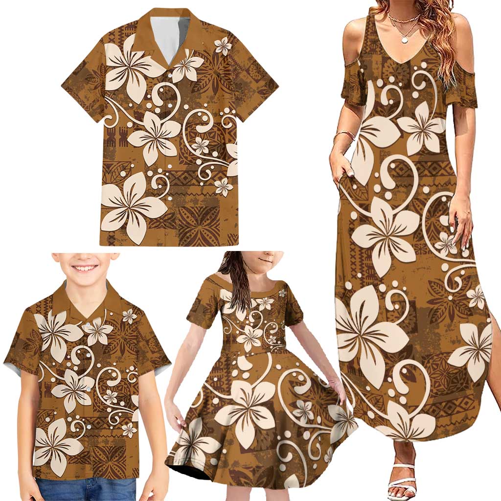Plumeria Floral Tapa Pattern Vintage Gold Family Matching Summer Maxi Dress and Hawaiian Shirt LT01 - Polynesian Pride