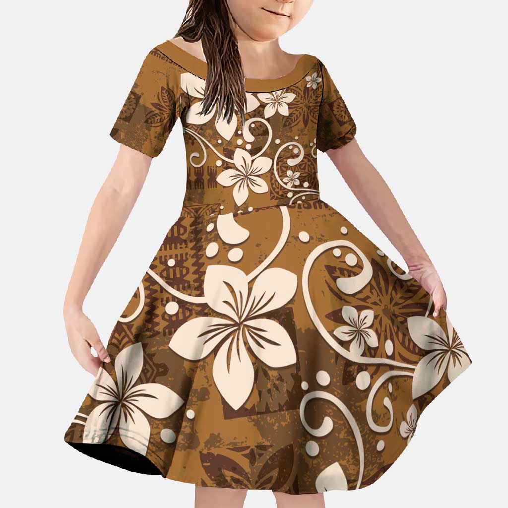 Plumeria Floral Tapa Pattern Vintage Gold Family Matching Tank Maxi Dress and Hawaiian Shirt LT01 Daughter's Dress Gold - Polynesian Pride