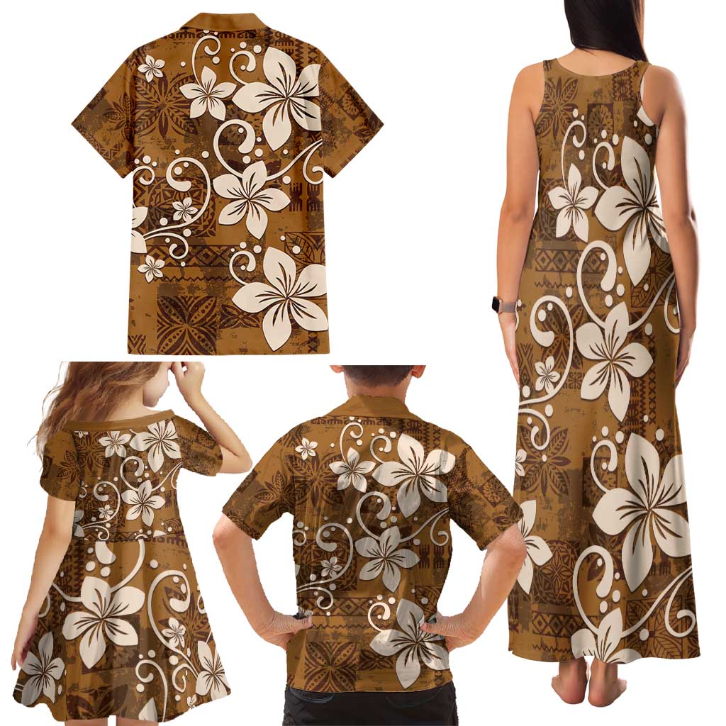 Plumeria Floral Tapa Pattern Vintage Gold Family Matching Tank Maxi Dress and Hawaiian Shirt LT01 - Polynesian Pride