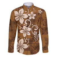 Plumeria Floral Tapa Pattern Vintage Gold Family Matching Tank Maxi Dress and Hawaiian Shirt LT01 Dad's Shirt - Long Sleeve Gold - Polynesian Pride