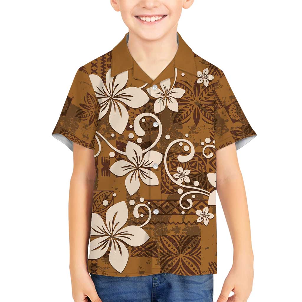 Plumeria Floral Tapa Pattern Vintage Gold Family Matching Tank Maxi Dress and Hawaiian Shirt LT01 Son's Shirt Gold - Polynesian Pride