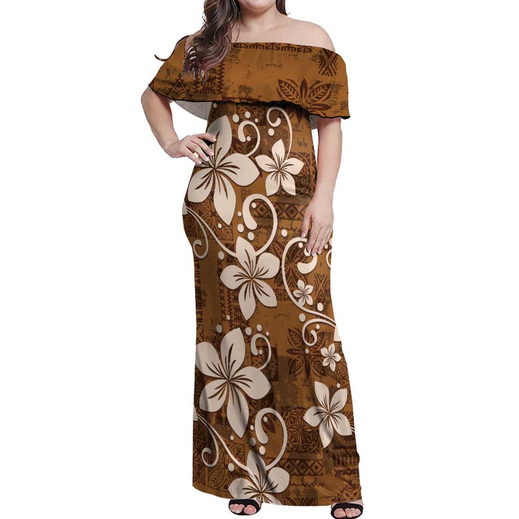 Plumeria Floral Tapa Pattern Vintage Gold Off Shoulder Maxi Dress