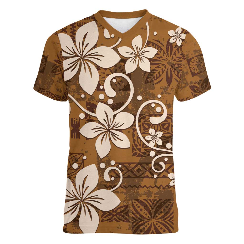 Plumeria Floral Tapa Pattern Vintage Gold Women V-Neck T-Shirt