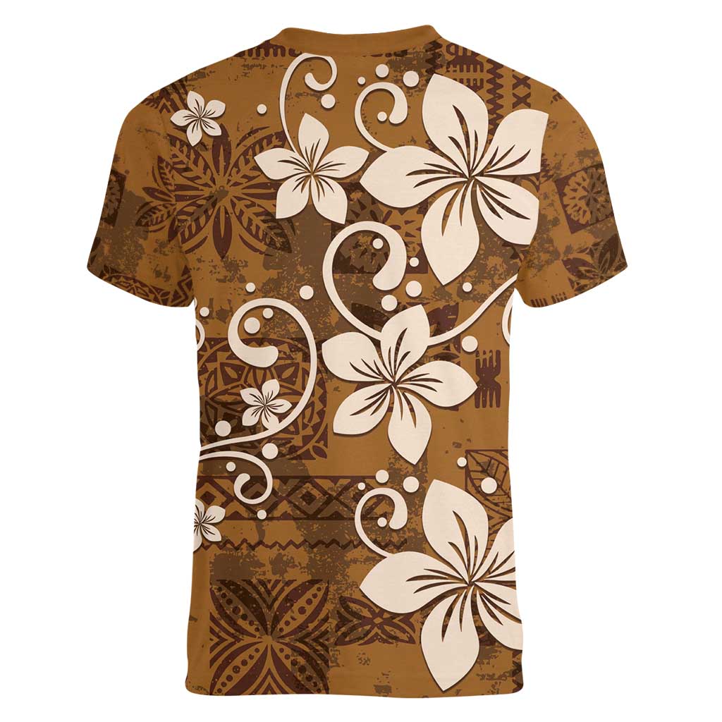 Plumeria Floral Tapa Pattern Vintage Gold Women V-Neck T-Shirt
