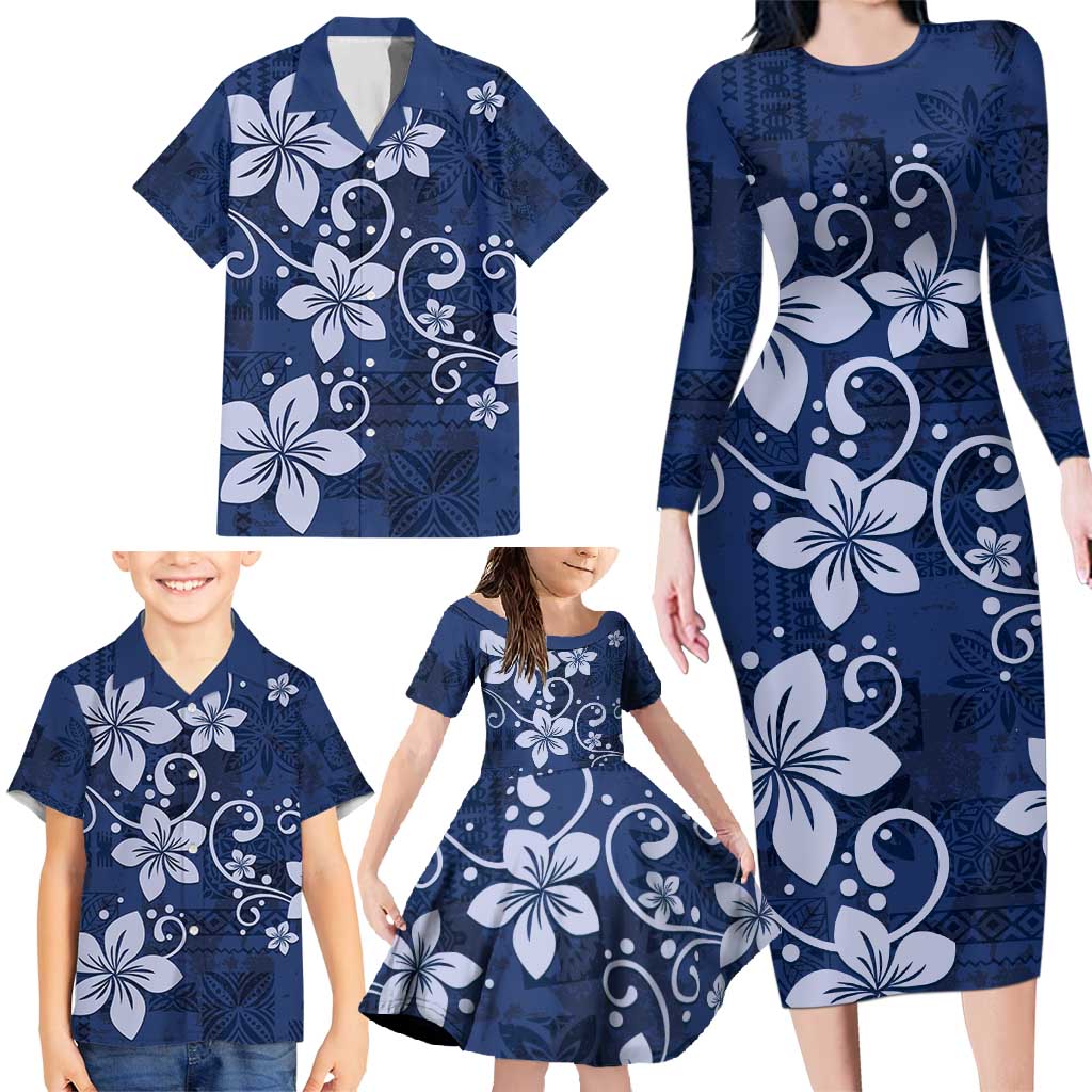 Plumeria Floral Tapa Pattern Navy Blue Family Matching Long Sleeve Bodycon Dress and Hawaiian Shirt LT01 - Polynesian Pride