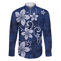 Plumeria Floral Tapa Pattern Navy Blue Family Matching Long Sleeve Bodycon Dress and Hawaiian Shirt LT01 Dad's Shirt - Long Sleeve Blue - Polynesian Pride