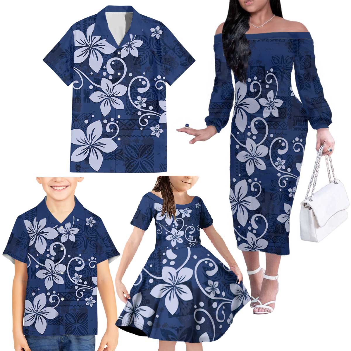 Plumeria Floral Tapa Pattern Navy Blue Family Matching Off The Shoulder Long Sleeve Dress and Hawaiian Shirt LT01 - Polynesian Pride