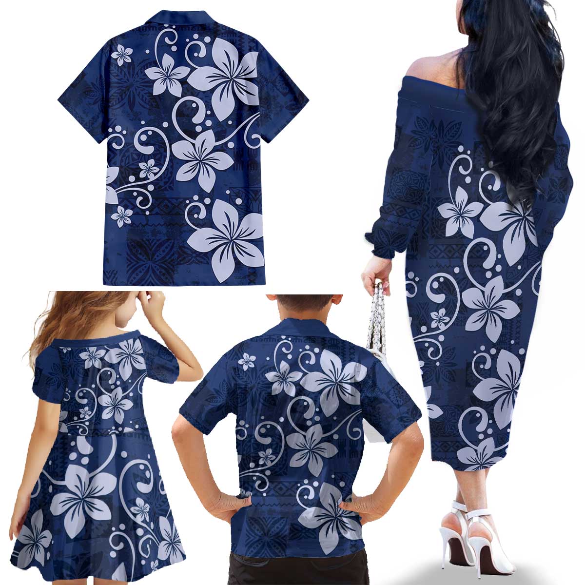 Plumeria Floral Tapa Pattern Navy Blue Family Matching Off The Shoulder Long Sleeve Dress and Hawaiian Shirt LT01 - Polynesian Pride