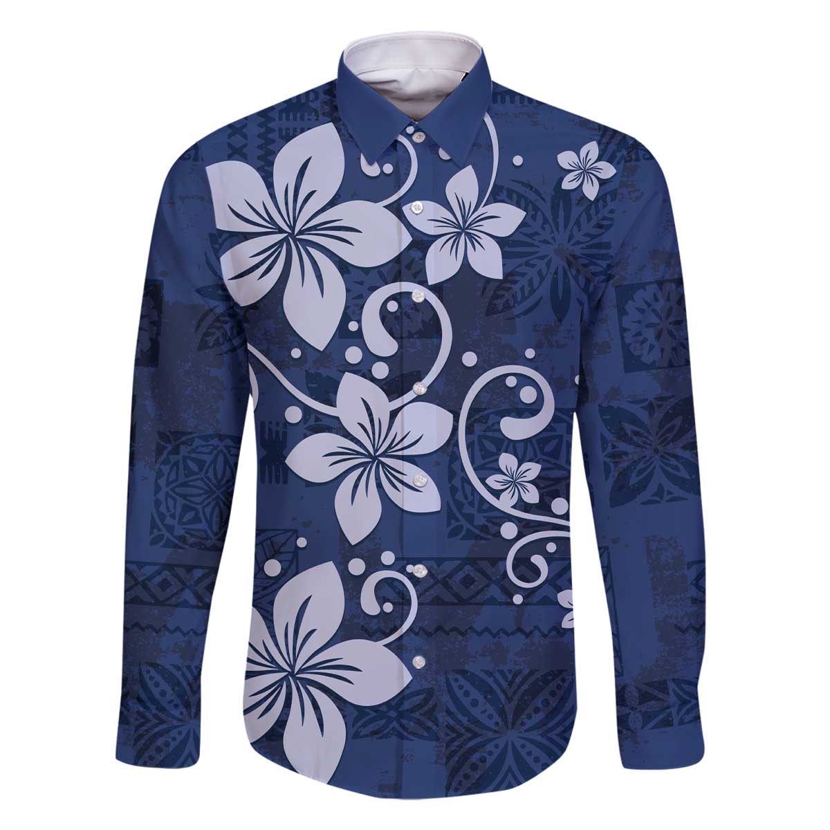 Plumeria Floral Tapa Pattern Navy Blue Family Matching Off The Shoulder Long Sleeve Dress and Hawaiian Shirt LT01 Dad's Shirt - Long Sleeve Blue - Polynesian Pride