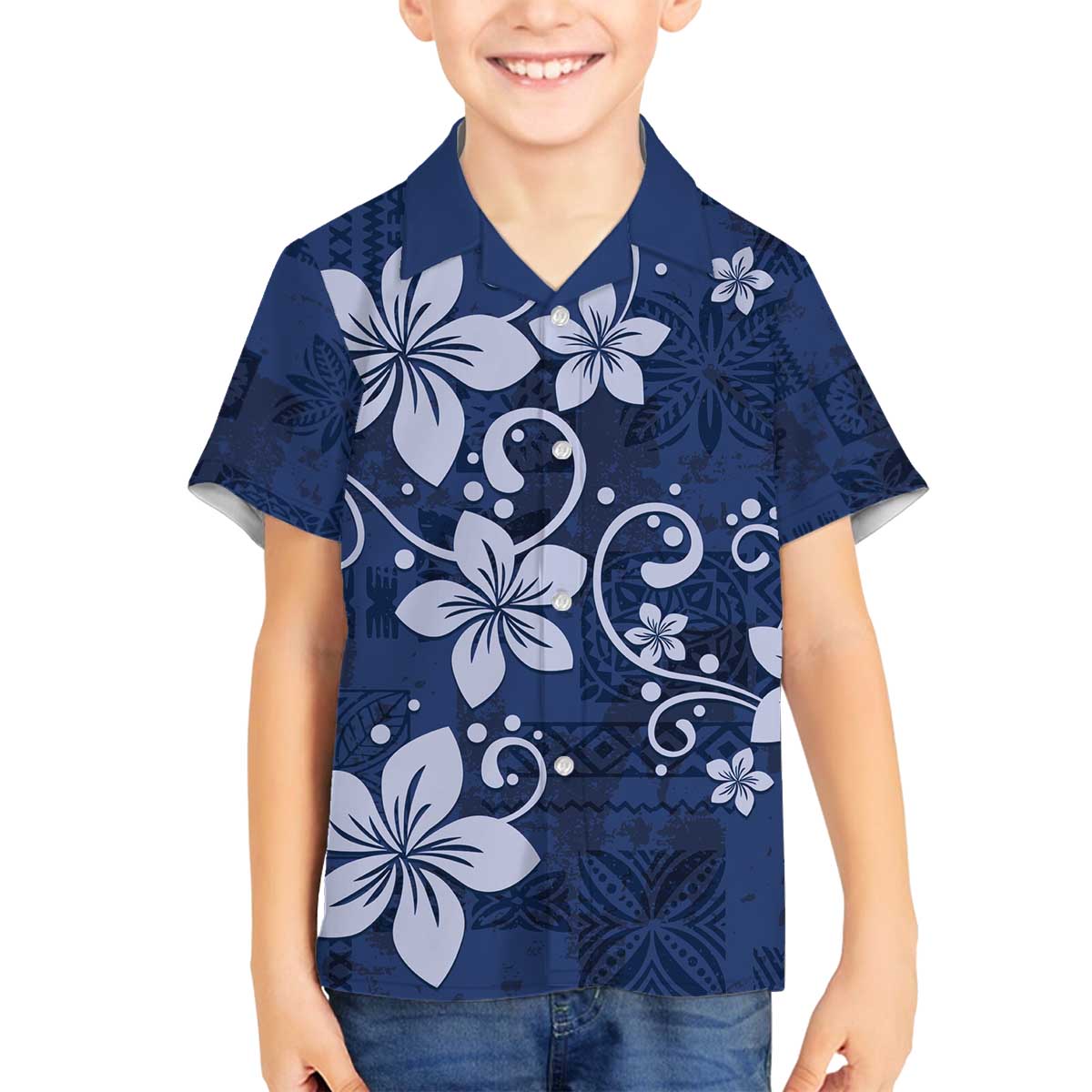 Plumeria Floral Tapa Pattern Navy Blue Family Matching Off The Shoulder Long Sleeve Dress and Hawaiian Shirt LT01 Son's Shirt Blue - Polynesian Pride