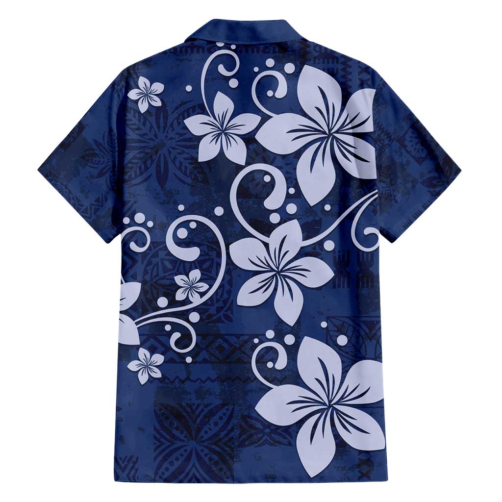 Plumeria Floral Tapa Pattern Navy Blue Family Matching Off Shoulder Maxi Dress and Hawaiian Shirt