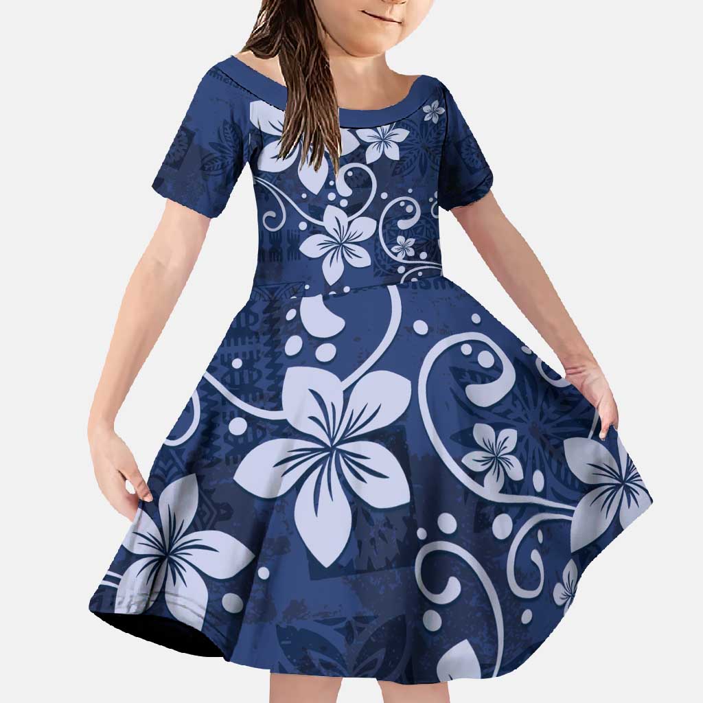 Plumeria Floral Tapa Pattern Navy Blue Family Matching Short Sleeve Bodycon Dress and Hawaiian Shirt LT01 Daughter's Dress Blue - Polynesian Pride