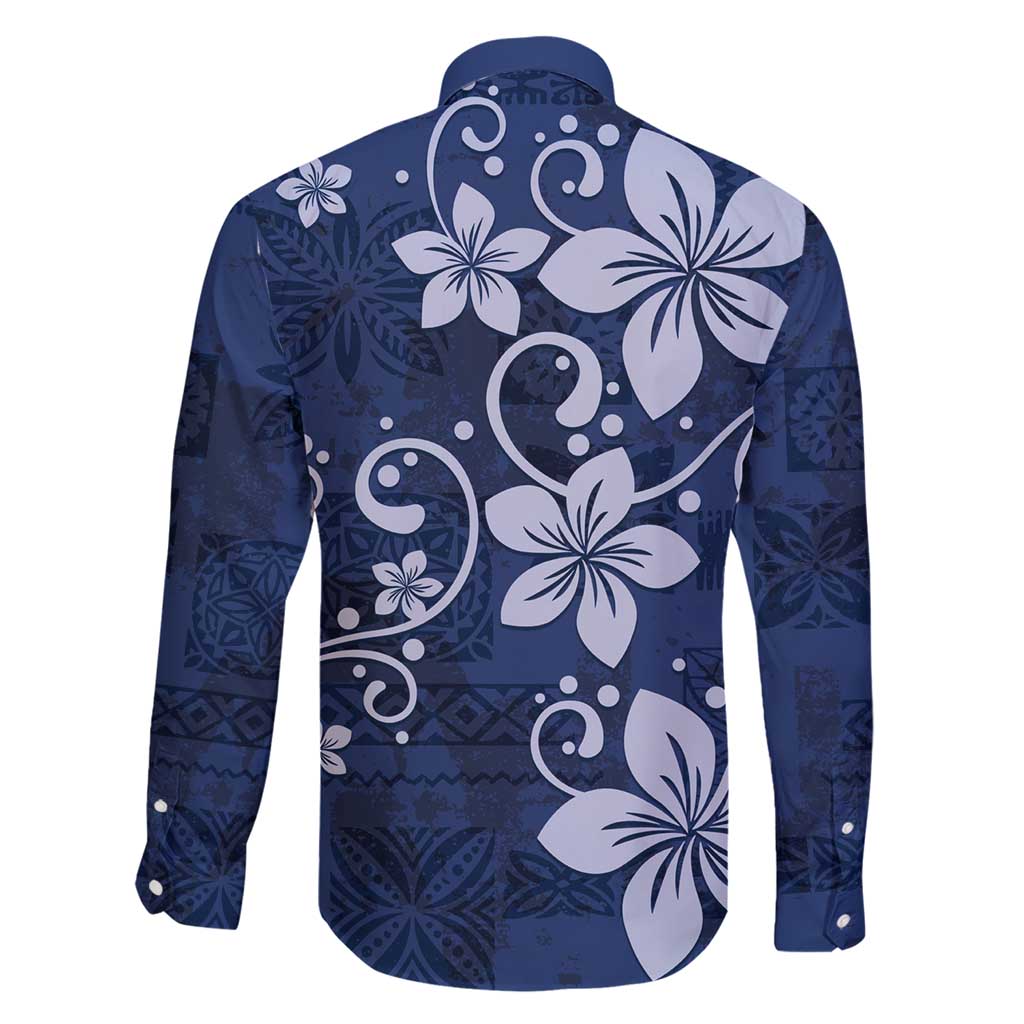 Plumeria Floral Tapa Pattern Navy Blue Family Matching Short Sleeve Bodycon Dress and Hawaiian Shirt LT01 - Polynesian Pride