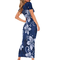 Plumeria Floral Tapa Pattern Navy Blue Family Matching Short Sleeve Bodycon Dress and Hawaiian Shirt LT01 - Polynesian Pride