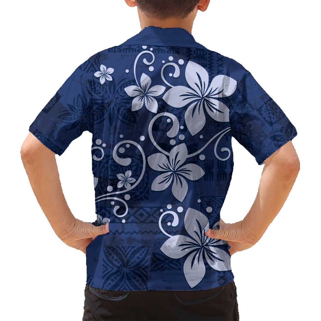 Plumeria Floral Tapa Pattern Navy Blue Family Matching Tank Maxi Dress and Hawaiian Shirt